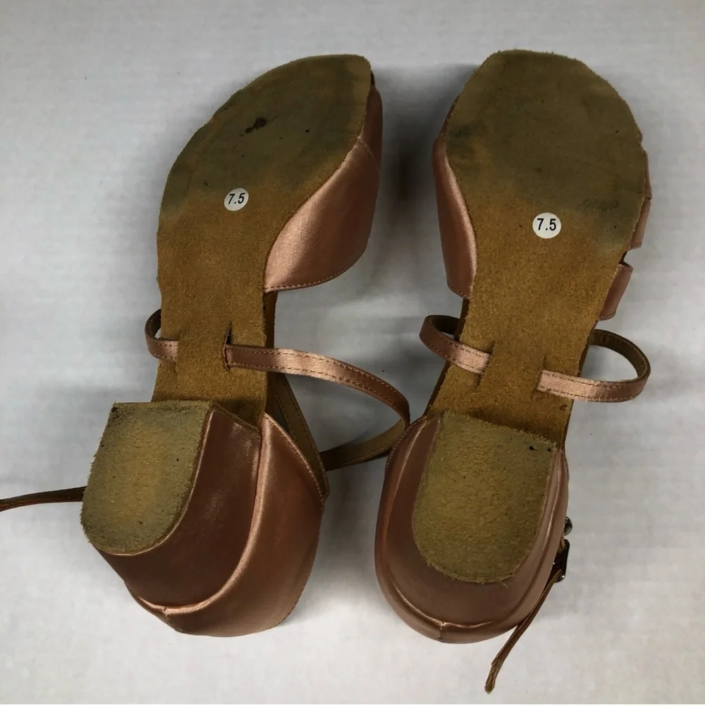 Dance Shoes 7.5 Nude Satin Sandals Rhinestone Buckles 1.5 inch heels Beige Danza - Picture 6 of 9